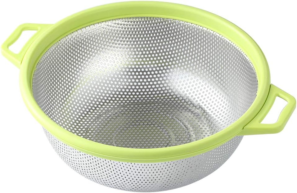 HiramWare Stainless Steel Colander With Handle and Legs, Large Metal Green Strainer for Pasta, Spaghetti, Berry, Veggies, Fruits, Noodles, Salads, 5-quart 10.5” Kitchen Mesh Colander, Dishwasher Safe