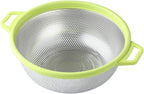 HiramWare Stainless Steel Colander With Handle and Legs, Large Metal Green Strainer for Pasta, Spaghetti, Berry, Veggies, Fruits, Noodles, Salads, 5-quart 10.5” Kitchen Mesh Colander, Dishwasher Safe