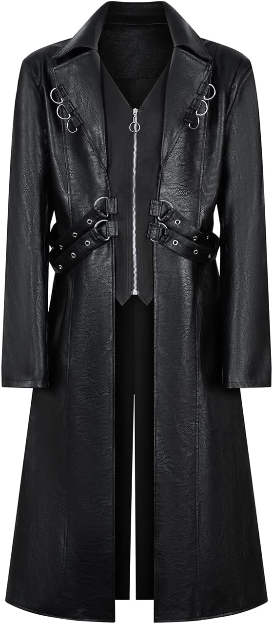 Men's 70s PU Leather Trench Coat Long German Style Punk Motorcycle Jacket Black Fuxs Leather Zipper Coat