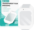 Transparent Film Dressing, 4" x 4.75" (30 Pack), Waterproof Clear Adhesive Bandages for Wound Care, IV Shield & Tattoo Aftercare