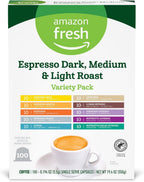 Amazon Fresh Espresso Dark, Medium & Light Roast Aluminum Capsules, Variety Pack, Compatible with Nespresso Original Brewers, 100 Count (10 Packs of 10)