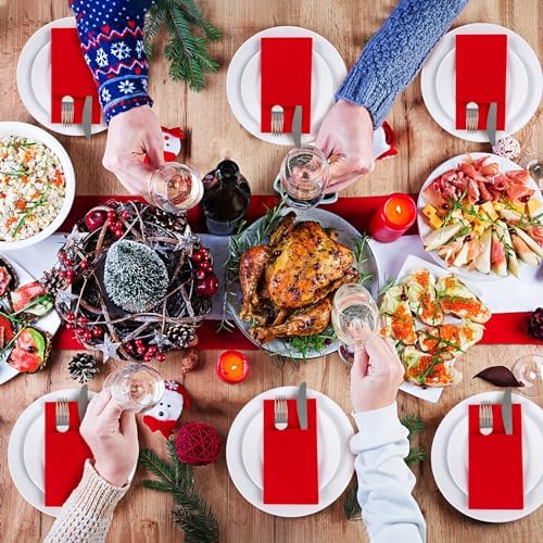 KAMMAK Red Napkins Disposable Dinner Paper Napkins with Pocket 100 Pack Cloth Like Folded Wedding Reception Napkin Guest Hand Towels for Party Decoration, Bathroom, Kitchen, Hotel (16.5 x 16.5 inch)