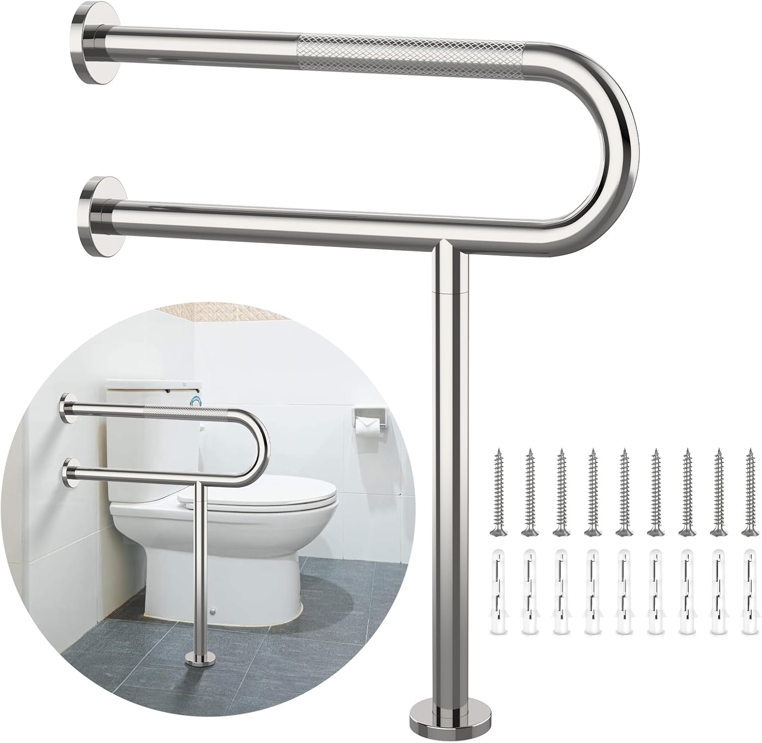Toilet Support Rail 23.4X 28 Inch, Munzong Anti-Slip Chrome Handicap Grab Bar for Bathroom, Stainless Steel Knurled Safety handrails with Leg for Elderly Disabled Pregnant-1.25’Tube