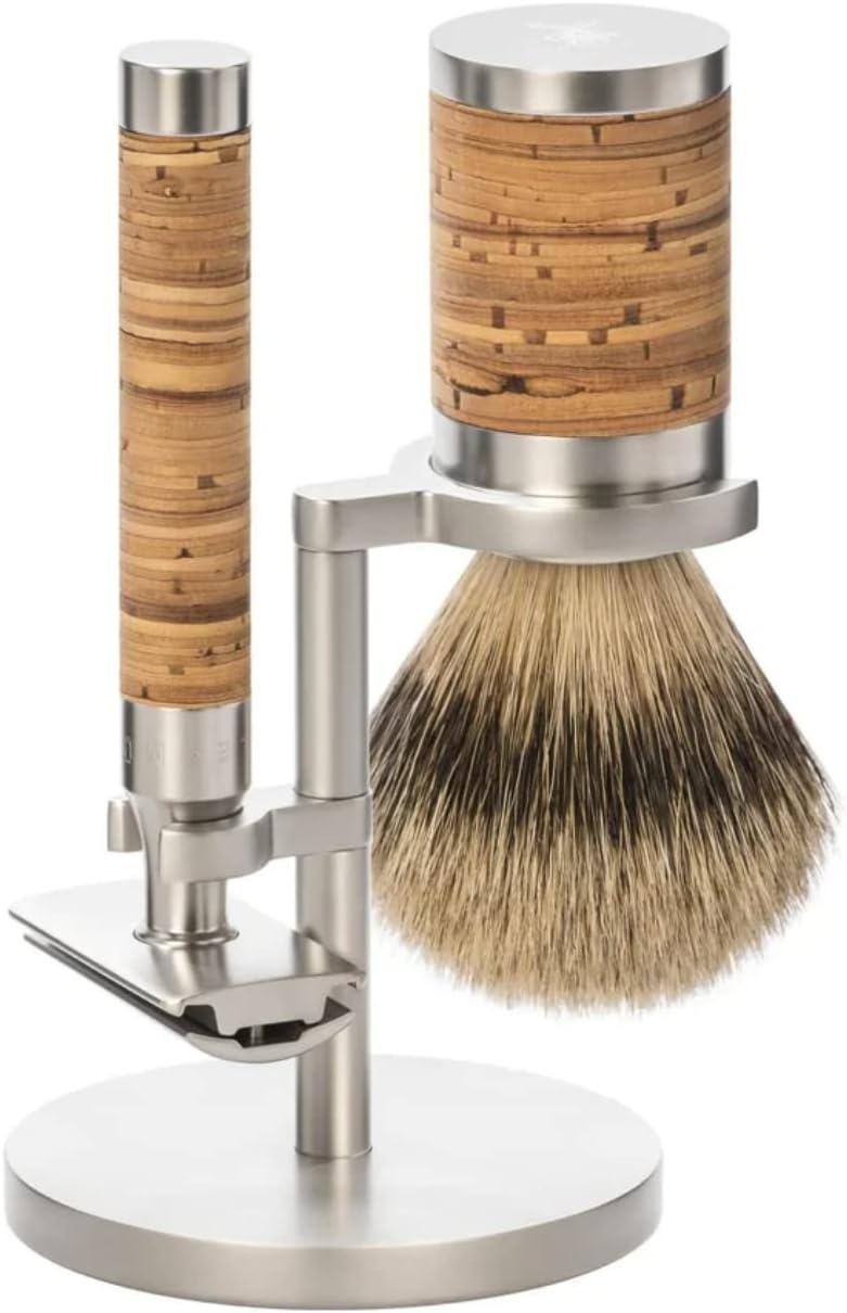 MÜHLE ROCCA Birch Bark & Stainless Steel 3-Piece Shaving Set - Silvertip Badger Brush, Safety Razor & Stand – Safety Razor Kit & Shaving Kit, Straight Razor Kit for Men