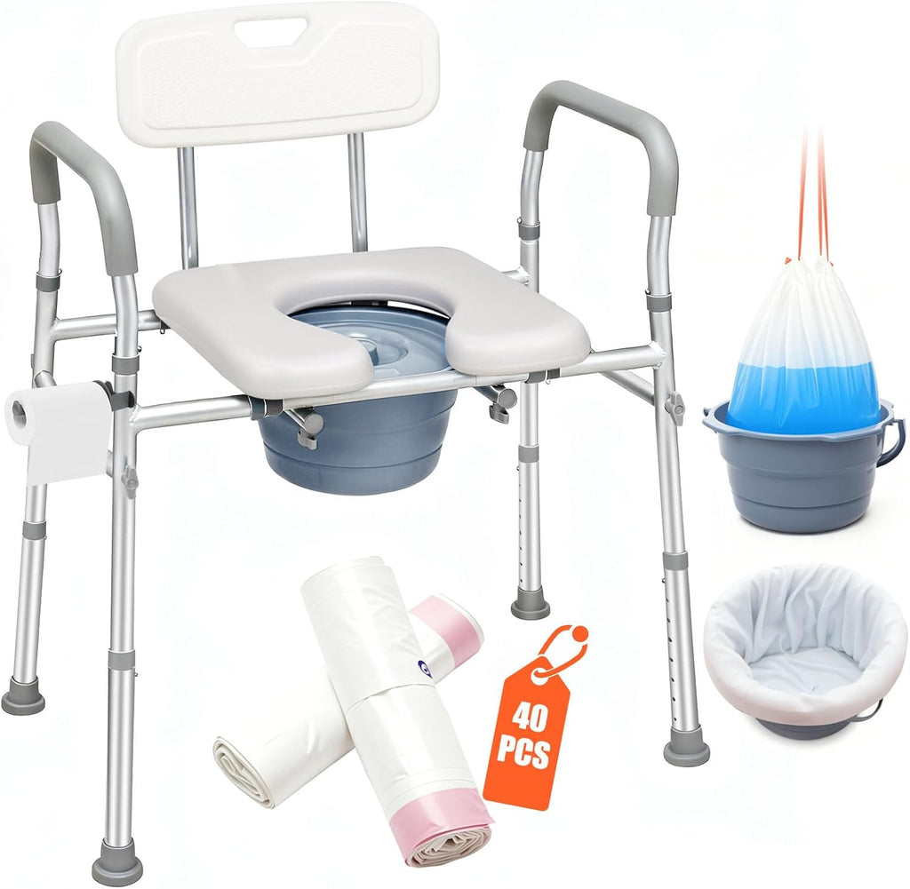 3 in 1 Bedside Commode,Commode Toilet with Padded Seat and Backrest,Includes 40 Liners and 6.5QT Foldable Bucket,Adjustable Height & Width,Fits Most Body Sizes,Potty Chair for Adults and Seniors