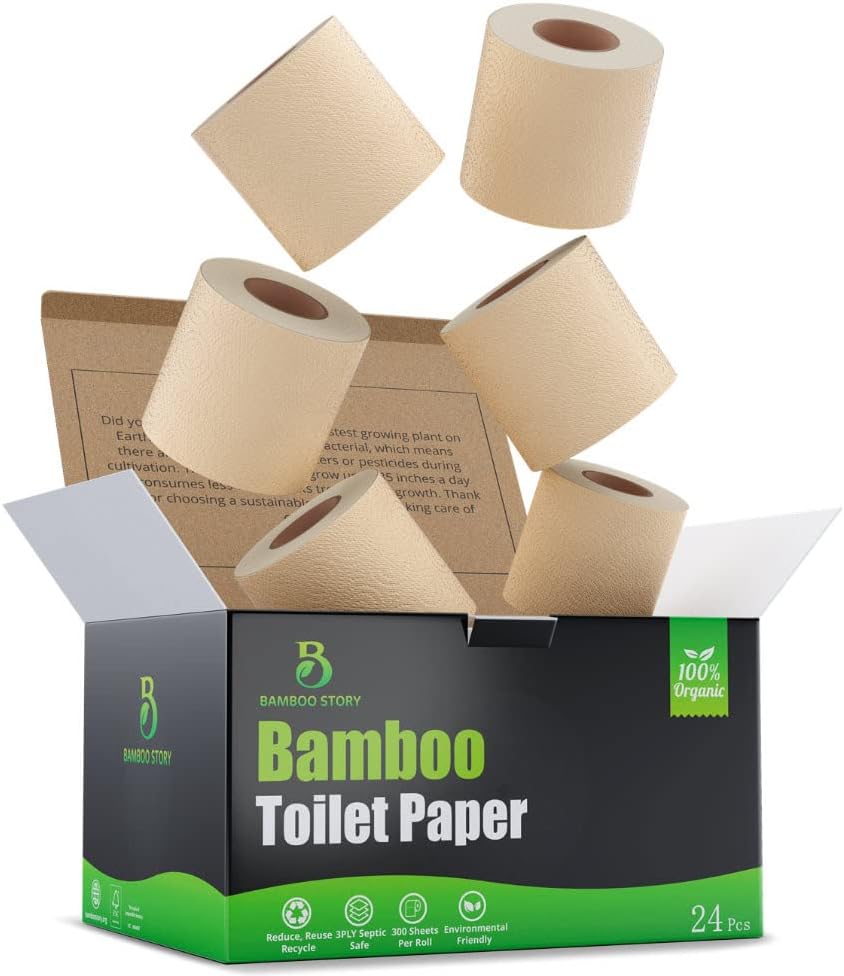 Bamboo Story, Bamboo Toilet Paper Unbleached, 24 Rolls, 3 Ply and 300 Sheets Bamboo Toilet Tissue - FSC Certified, Biodegradable, Chemical Free, Plastic Free, BPA Free, Septic Safe Toilet Paper