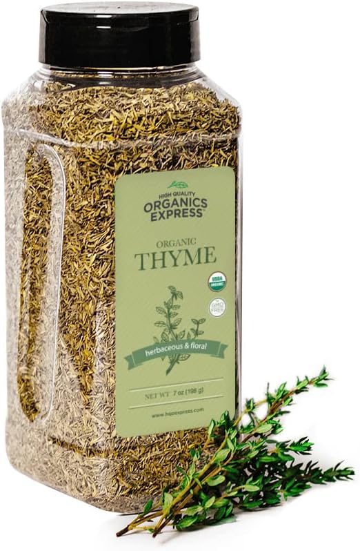 HQOExpress Organic Thyme Leaf – Non GMO, Kosher, USDA Certified Organic Dried Thyme Leaves – Aromatic and Savory Seasoning for Pastas, Soups and Stews, 7 oz. Chef Jar