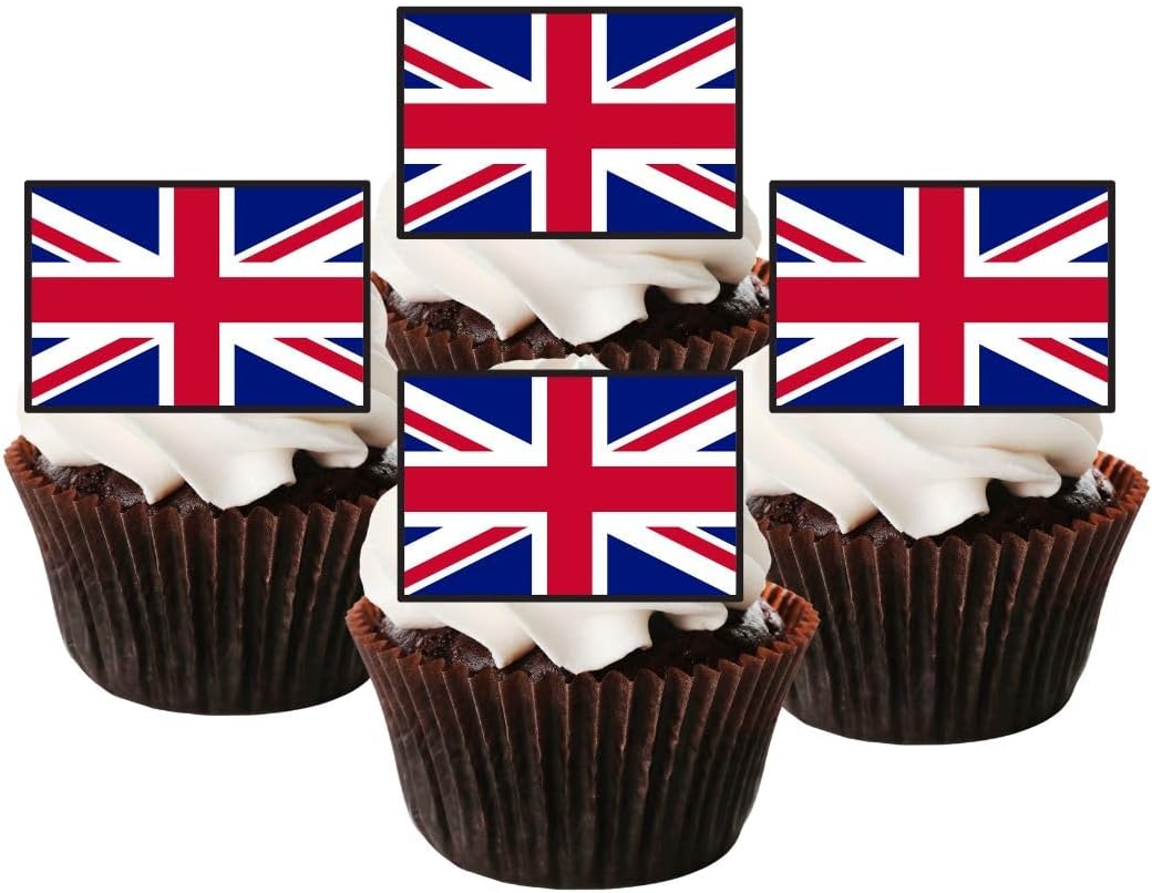 Union Jack Edible Cupcake Toppers, UK Flag Edible Cake Decorations, Flags Of The World Cake Decor, Eurovision Party Decor, London Theme Patriotic Decorations 50 x 3cm / 1.18 Inch Wafer Card Toppers
