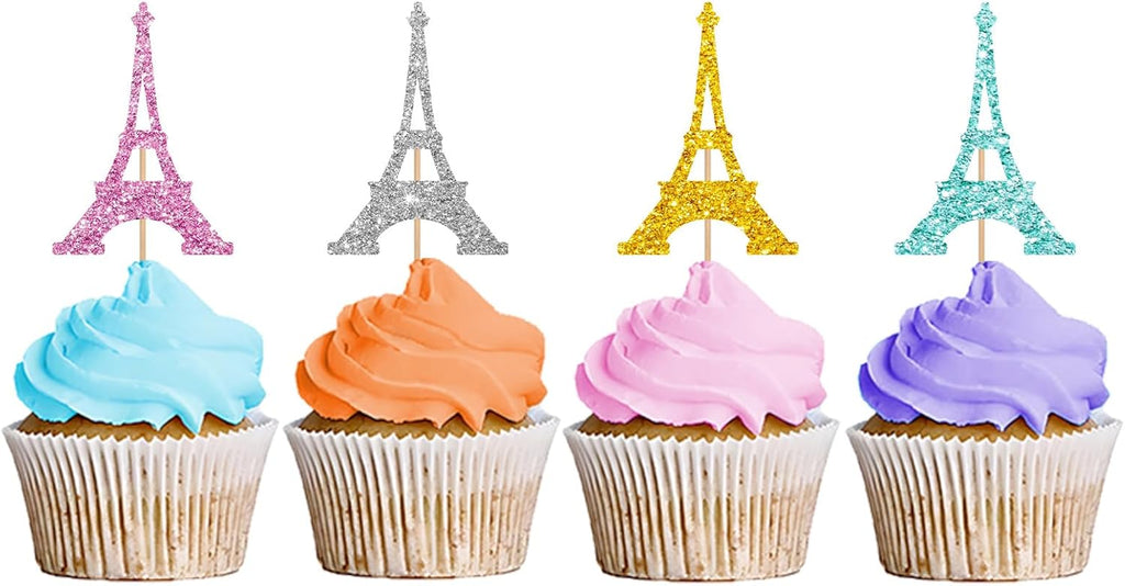 24PCS Eiffel Tower Cupcake Toppers, Wedding Party Decor, Bridal Shower Dessert Cupcake Toppers, Paris Themed Birthday Party Decoration - Pink & Sliver & Blue & Gold Glitter
