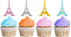 24PCS Eiffel Tower Cupcake Toppers, Wedding Party Decor, Bridal Shower Dessert Cupcake Toppers, Paris Themed Birthday Party Decoration - Pink & Sliver & Blue & Gold Glitter