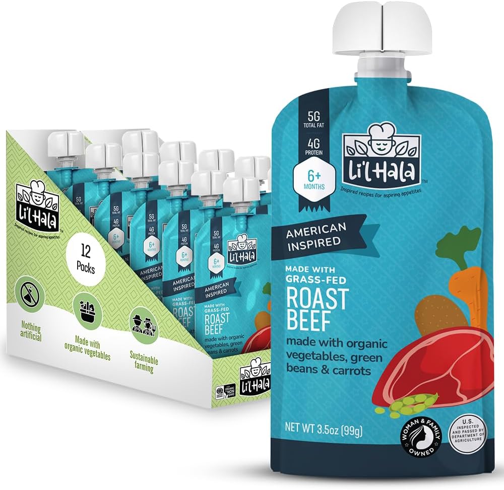 Li'l Hala Foods - Baby Meat Pouches - Toddler Meals with Meat – Protein & Healthy Fats Puree – No Hormones – 6+ Months – 3.5 oz (12 Pack) (Roast Beef)