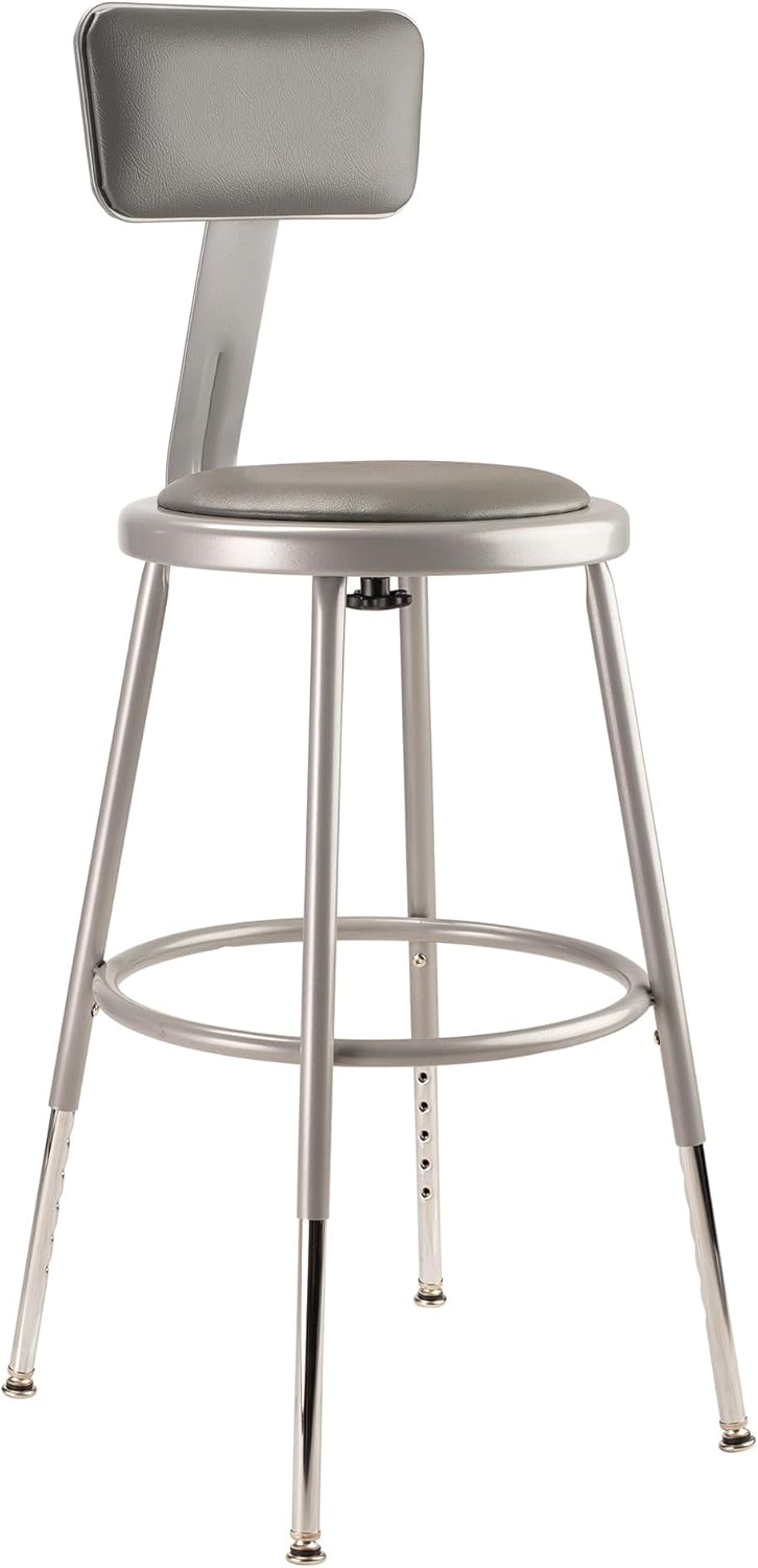 National Public Seating 6400 Series Heavy Duty 18 Inch Adjustable Height Steel Stool with Round Seat and Backrest, Grey Frame and Legs