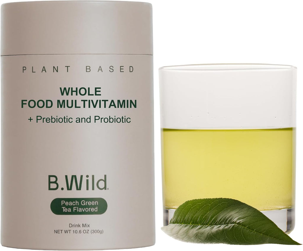 B.WILD Plant-Based Multivitamin Superfood Drink Mix – Refreshing Peach Green Tea with Vitamins, Minerals, Prebiotics & Probiotics for Gut Health & Daily Wellness – 30 Servings – Vegan, Gluten-Free