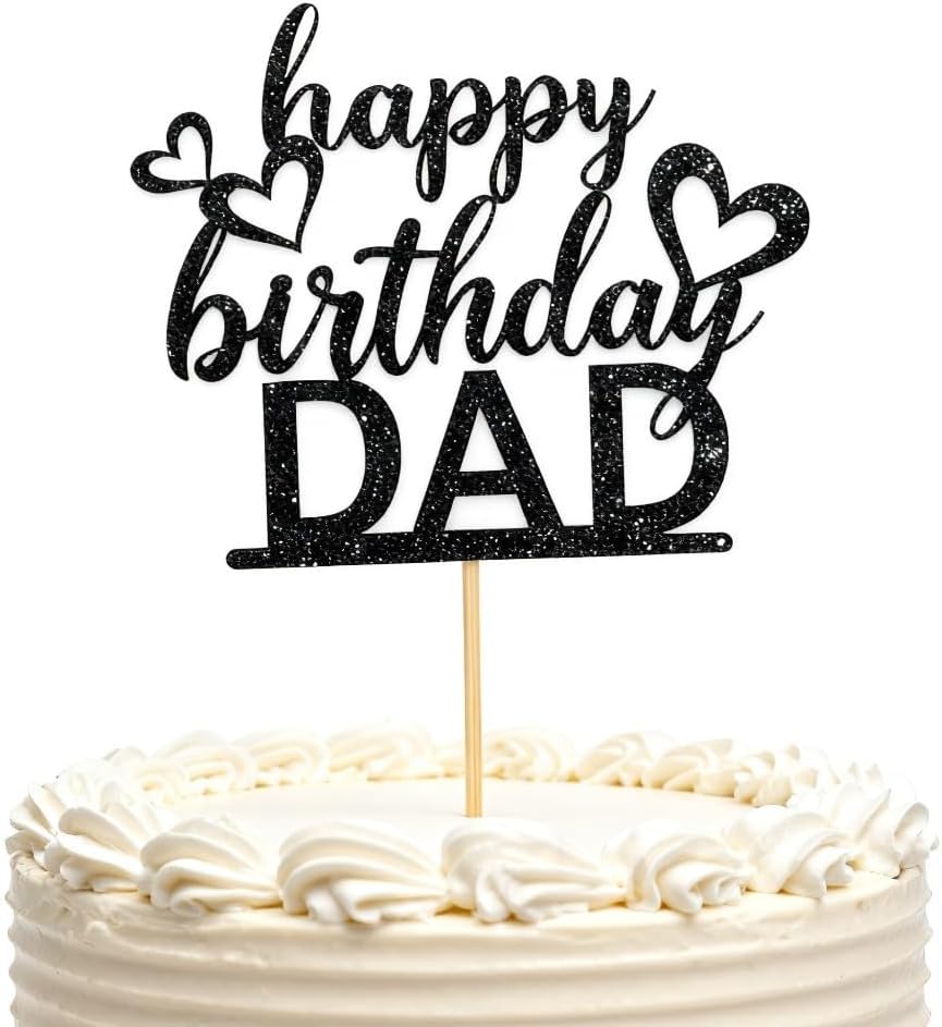 Happy Birthday Dad Cake Topper – Double-Sided Black Glitter Cardstock, Elegant Birthday Cake Decoration for Fathers, Non-Shedding Sparkle Topper for Cakes & Cupcakes