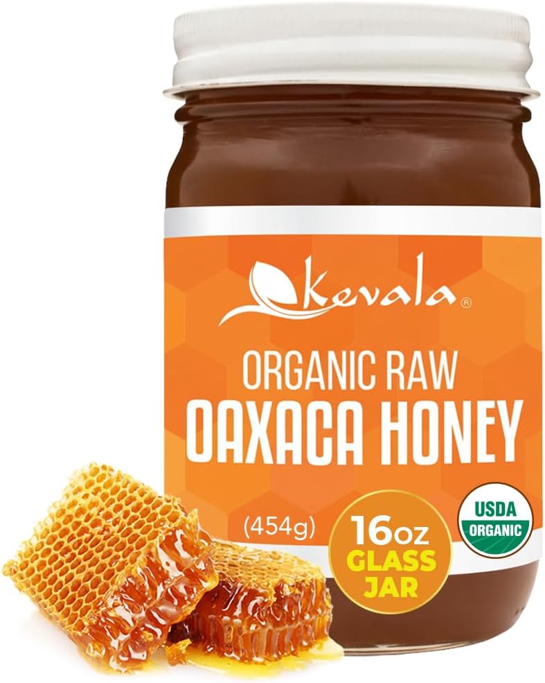 Kevala Organic Raw Oaxaca Honey - Natural Sweetener for Meals and Drinks with no Pesticides, Pure and Unprocessed Spread for Bread and Toast, Golden Nectar with no Sugar Added, Glass Jar 16 oz