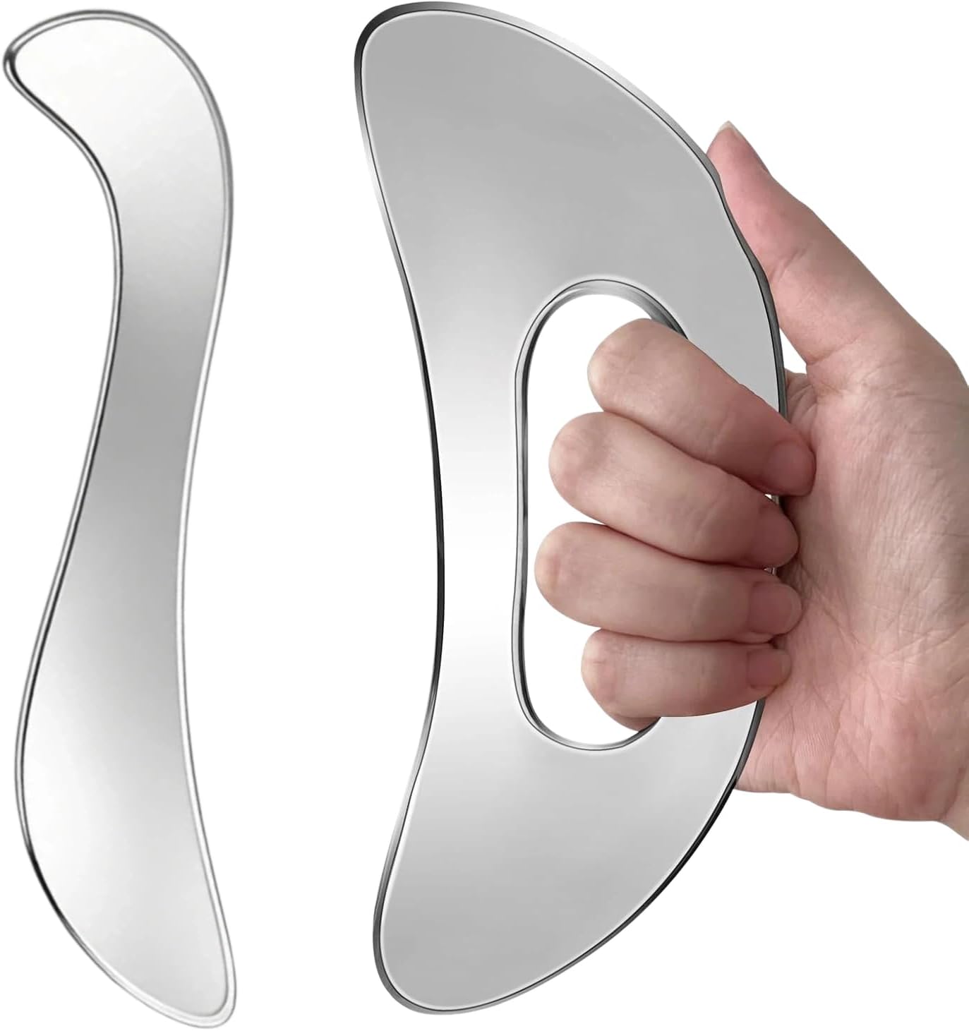 Stainless Steel Gua Sha Muscle Scraping Tool, Ergonomic Body Massage Scraper with Smooth Curved Edge, Handheld Manual Massager for Neck, Shoulders, Back, Arms and Legs, Includes Storage Pouch