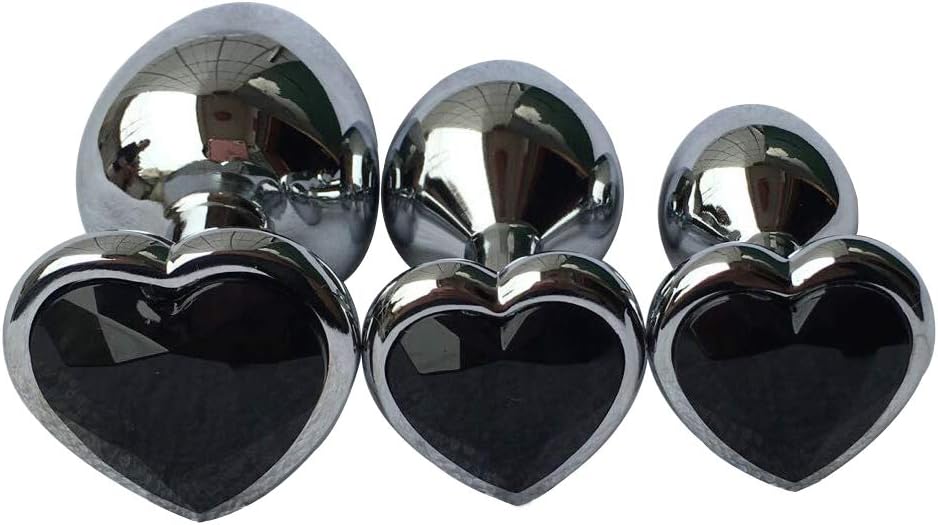 3Pcs Set Luxury Metal Butt Toys Heart Shaped Anal Trainer Jewel Butt Plug Kit S&M Adult Gay Anal Plugs Woman Men Sex Gifts Things for Beginners Couples Large/Medium/Small,Black