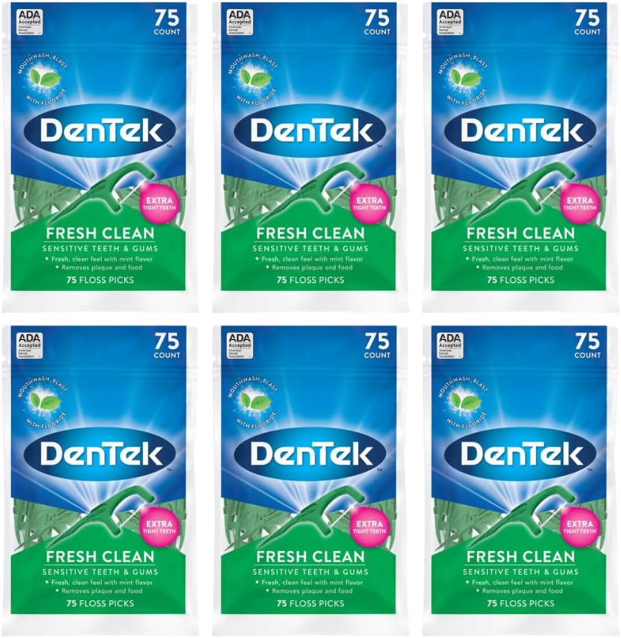 DenTek Fresh Clean Floss Picks, for Extra Tight Teeth, 75 Count, (Pack of 6)