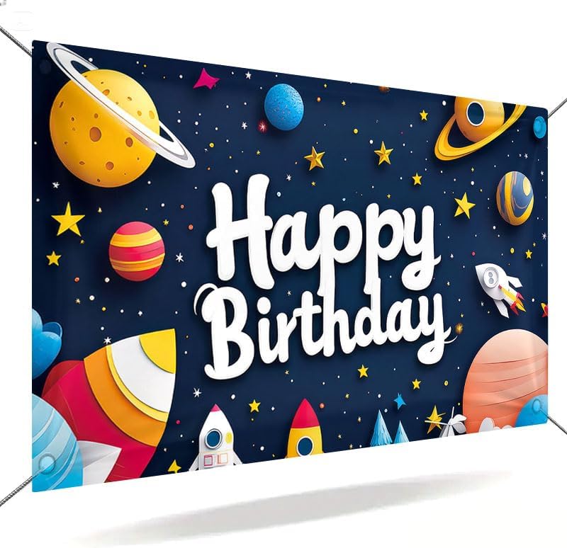 Space Happy Birthday Banner for Kids – Cartoon Rocket Planet Galaxy Party Decorations, Outer Space Theme Birthday Backdrop Supplies for Boys Girls 71x43 in