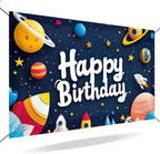 Space Happy Birthday Banner for Kids – Cartoon Rocket Planet Galaxy Party Decorations, Outer Space Theme Birthday Backdrop Supplies for Boys Girls 71x43 in