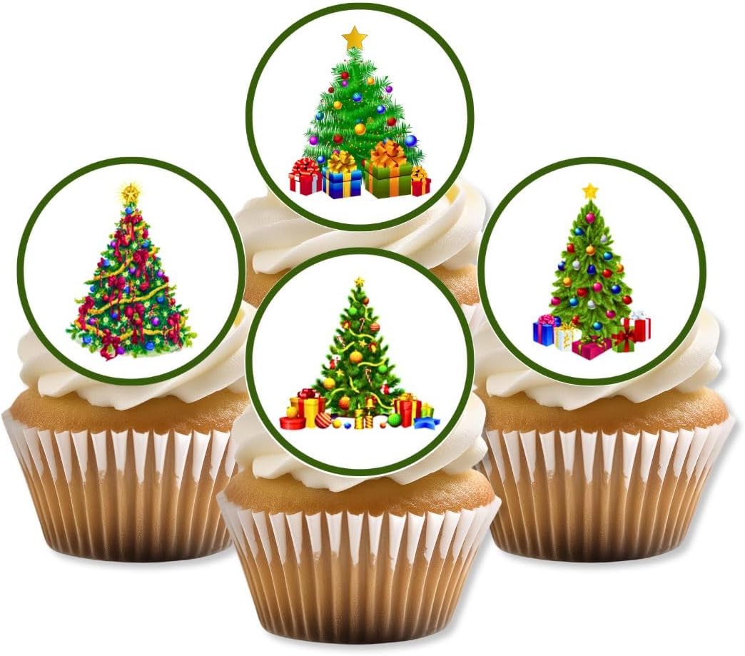 Christmas Tree Edible Cupcake Toppers, Christmas Cake Decorations, Xmas Edible Cake Toppers, Festive Cookie Decorations Theme 2, 4cm / 1.5 Inch wafer Card Discs