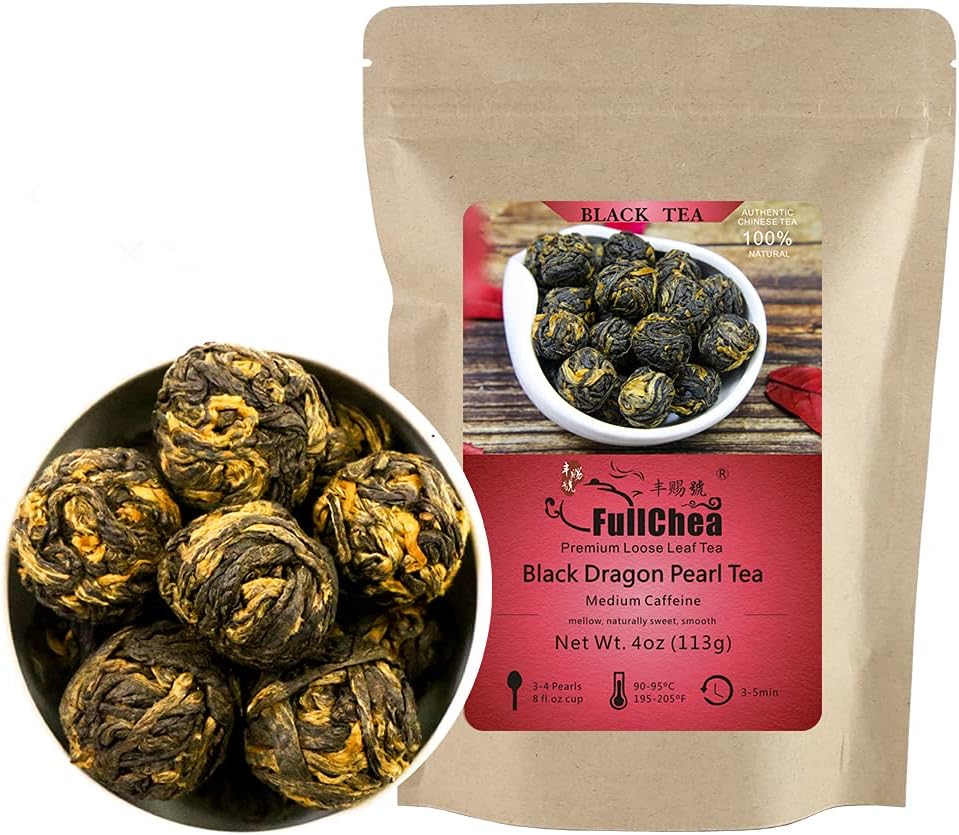 FullChea - Black Dragon Pearl Tea - Special Yunnan Black Tea - Loose Leaf Tea - Medium Caffeine - Mild Flavor Mellow Tastes - 4oz / 113g