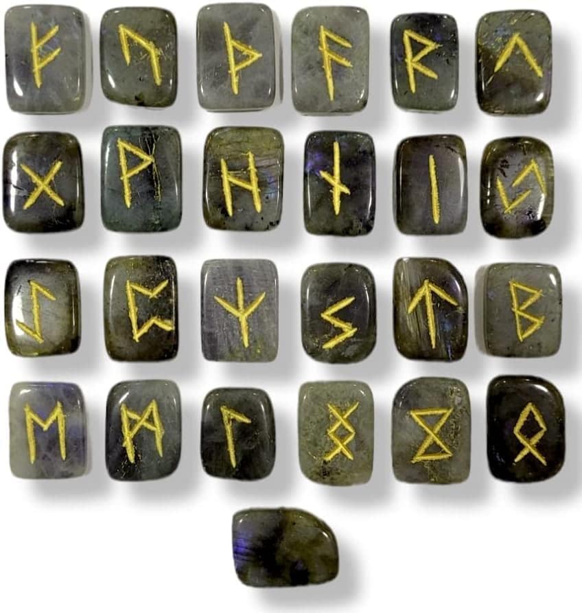 Labradorite Gemstone Rune Stones with Elder Futhark Alphabet Engraved 25 pcs Rune Set Crystal Divination Metaphysical Healing Chakra Reiki Runes Set