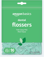 Amazon Basics Mint Dental Flossers, Shred Resistant, Slides Easily Between Teeth, with Fold-Away Pick, 90 Count, 1-Pack (Previously Solimo)