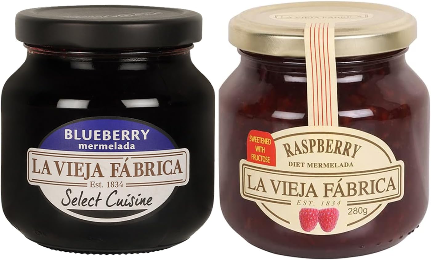 La Vieja Fabrica Combo of Raspberry Diet Jam, 280 Grams & Blueberry jam Bottle, 285 g