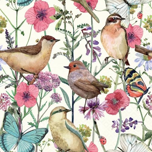 IHR Ideal Home Range Party Napkins Disposable 3-Ply Paper Lunch Napkin Pack, 6.5" x 6.5", Birds In Spring, 20-Count