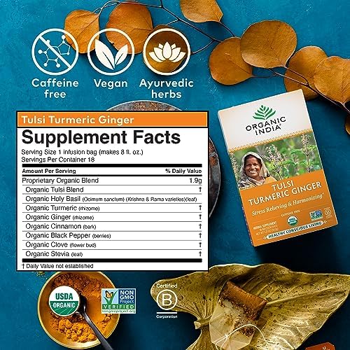 ORGANIC INDIA Tulsi Turmeric Ginger Tea Bags - Herbal Tea, Stress Relieving & Harmonizing, Immune Support, Healthy Inflammatory Response, Aids Digestion, Caffeine-Free - 18 Infusion Bags, 1 Pack