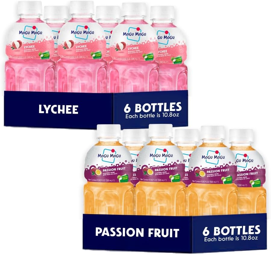 Mogu Mogu Lychee & Passion Fruit Juice with Nata de Coco – Refreshing Tropical Drinks with Chewy Coconut Jelly, 10.8oz Bottles (Pack of 12, 6 Each) – Sweet, Tangy, and Fun Variety Pack