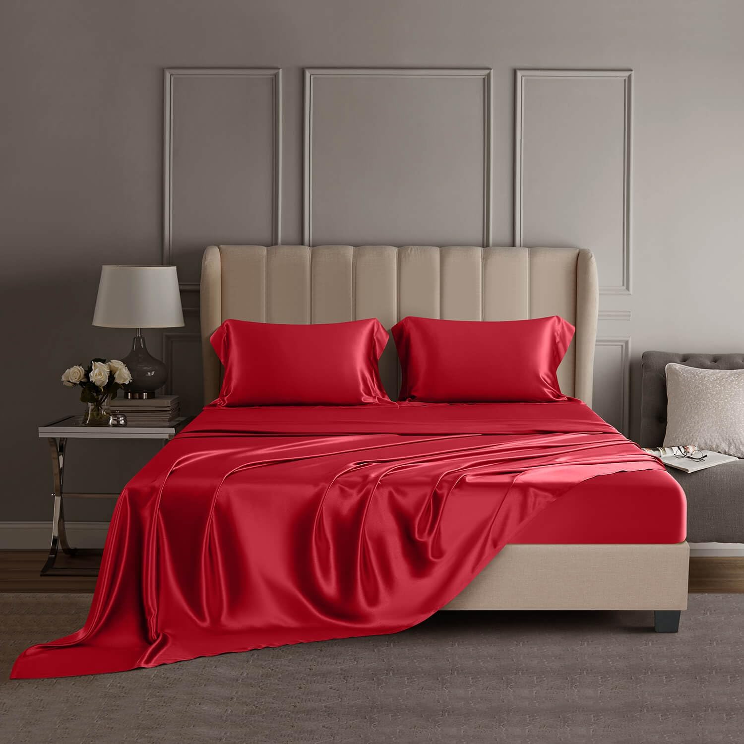 DISANGNI 22 Momme 100% Mulberry Silk Bedding Set - 4-Piece Luxury (2 Pillowcases, 1 Fitted Sheet, 1 Flat Sheet) - 6A Grade Natural Silk (Red, Queen)