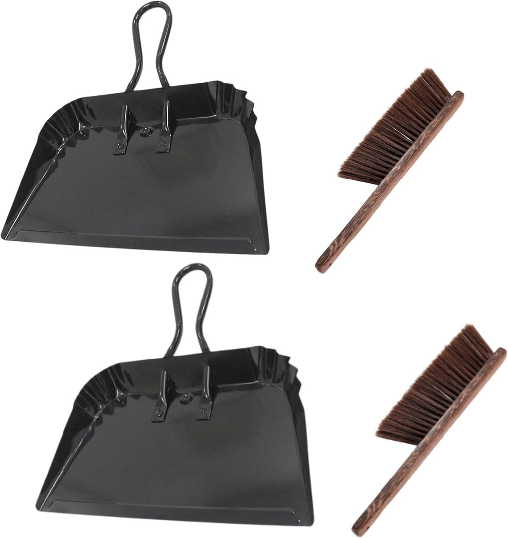 2 Pack Metal Dustpan and Brush Set - 12in Heavy Duty Steel Dust Pan with Handle, Handheld Dustpan Wide Scooper for Indoor, Outdoor, Fireplace