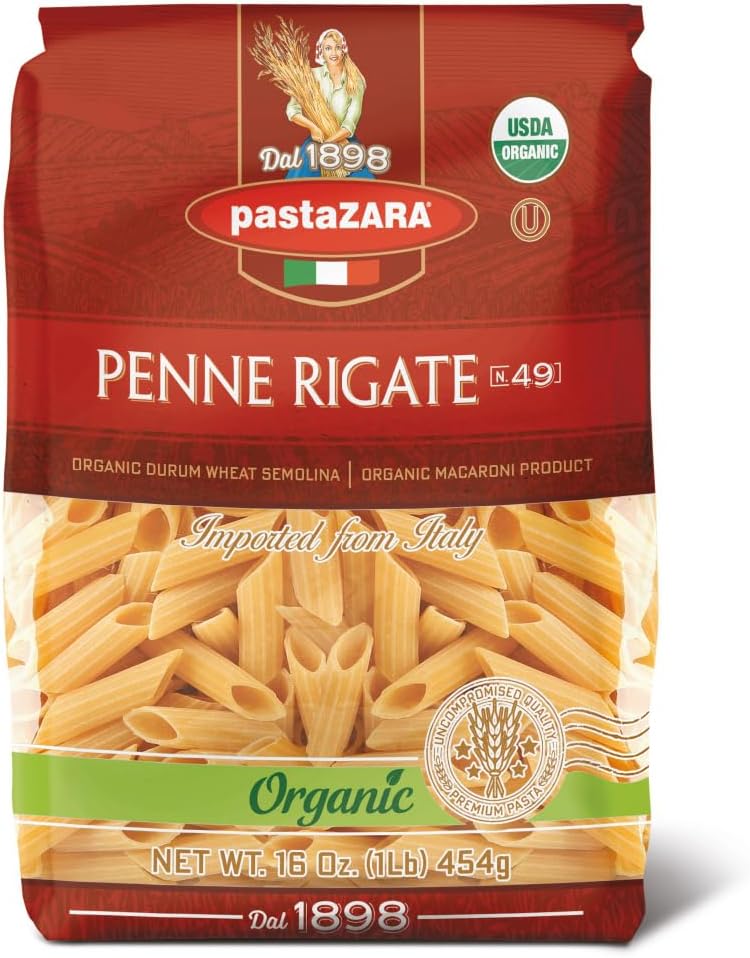 PASTA ZARA - Penne Rigate - Organic - 100% Italian Pasta, Made with Durum Wheat Semolina Flour, Non GMO, Kosher (1 LB. BAG) - Consistently al Dente.