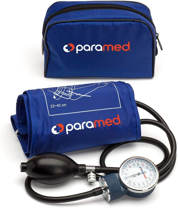 PARAMED Aneroid Sphygmomanometer – Manual Blood Pressure Cuff with Universal Cuff 8.7-16.5" and D-Ring – Carrying Case in the kit – Blue – Stethoscope Not Included