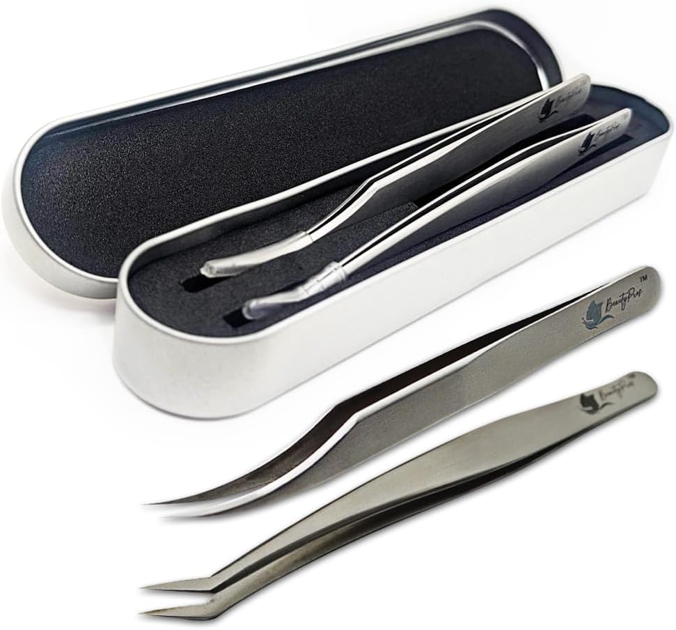 Lash Tweezers for Eyelash Extensions - Stainless Steel Precision Tweezers set with Dolphin Shaped and Curved Pointed Tip - Tweezers for Eyelash Extension - 2-Pack