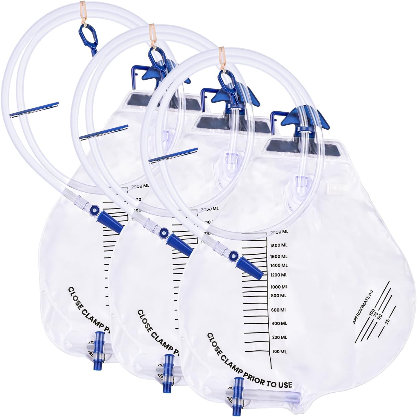 3 Pack 2000ml Sterile Urinary Drainage Bags with Anti-Reflux Chamber, Urine Bag with 48" Drainage Tube for Men and Women, Overnight Bedside Disposable