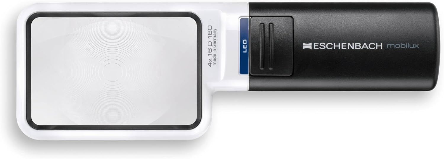 Eschenbach Mobilux LED Hand Held Magnifier, 4X, 2.0 x 2.0 inches (50 x 75 mm), Resin Lens, Black, PXM Optical Resin, Aspherical, Therapy Hard Coating, LED Light