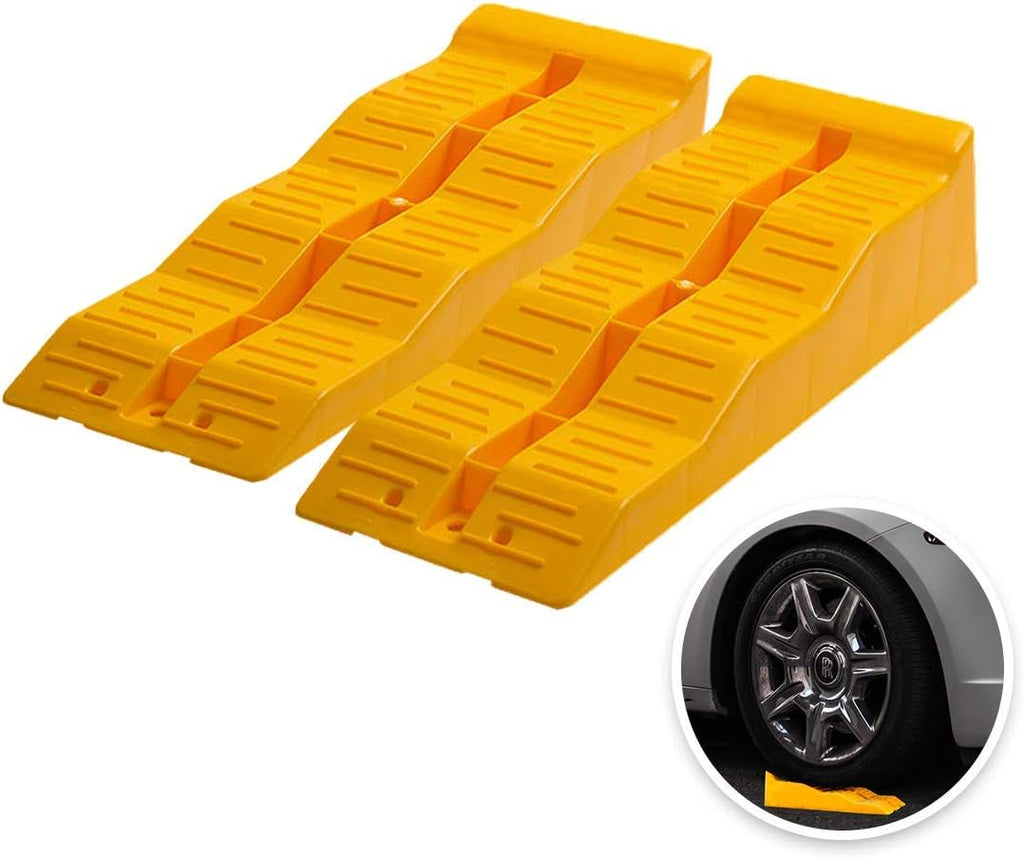 Yellow Leveling Car Ramps – Set of 2 Block Car Ramp, Tri-Leveler, Sturdy Material on Uneven Ground, Universal Fit for Cars Trailer SUV, Stable Ramp/Wheel Chocks Premium Quality, Zento Deals