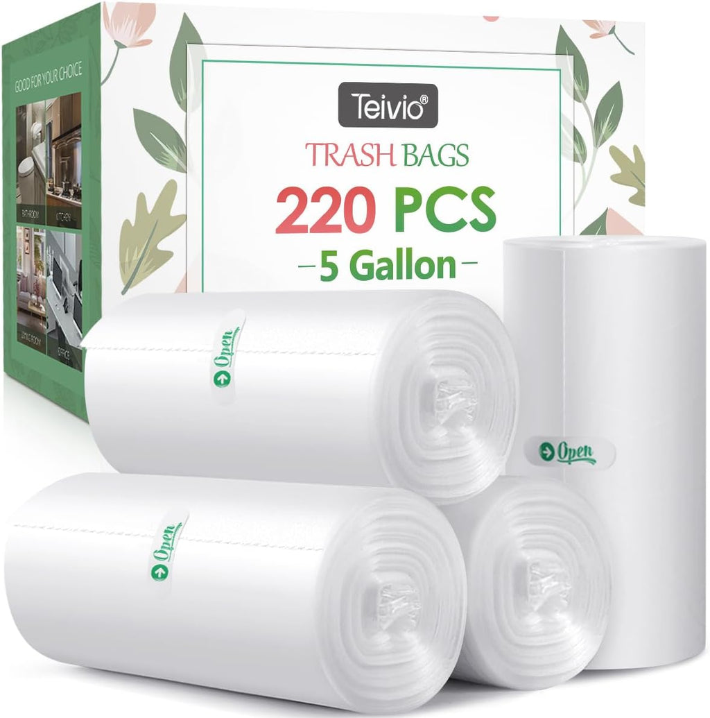 5 Gallon 220 Counts Strong Trash Bags Garbage Bags by Teivio, Bin Liners, for bathroom home office kitchen, 5.5 Gal, Clear