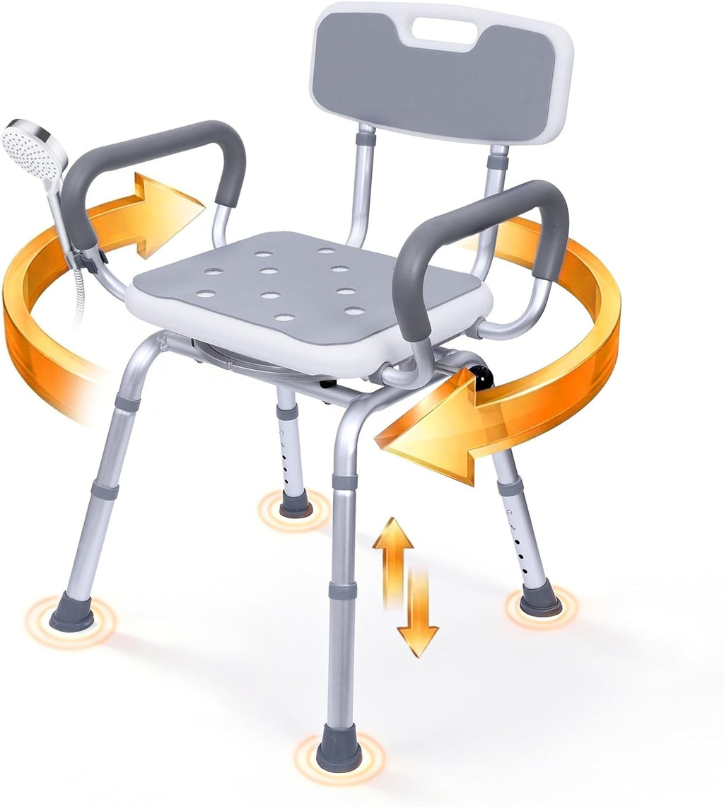 Swivel Shower Chair with Arms & Back, 400lbs Heavy Duty Shower Chair for Elderly and Disabled, Height Adjustable Shower Stool for Inside Shower, Non-Slip Rotating Shower Bench Seat for Tub Transfer