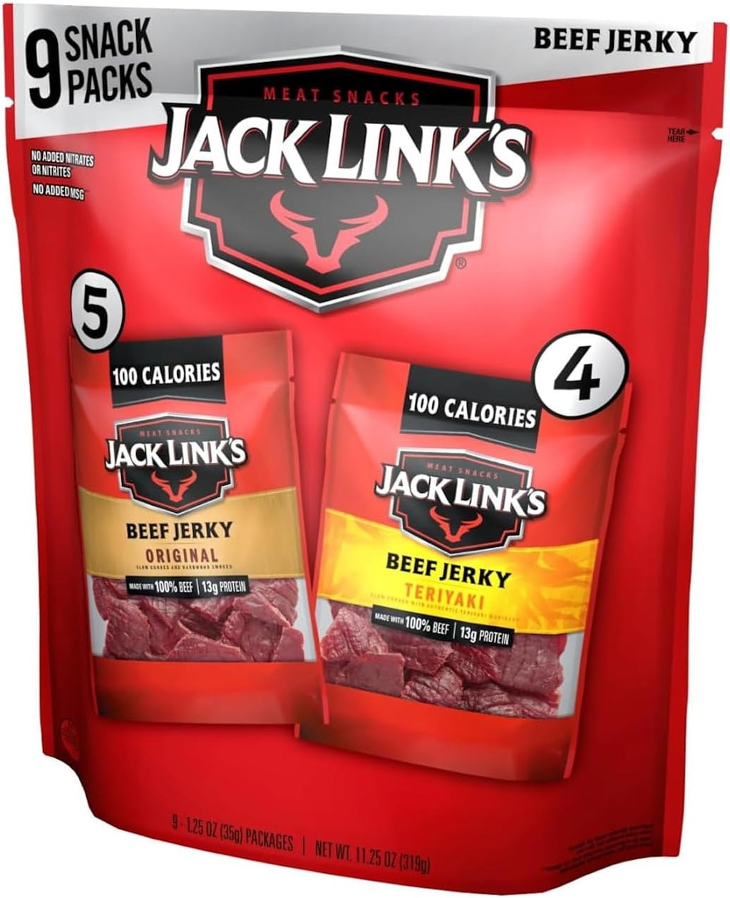 Jack Link's Beef Jerky Variety Pack - Original and Teriyaki - (9 Pack) 1.25 oz Bag - Ready to Eat Protein Snacks - 13g Protein per Serving - Made with 100% Real Beef