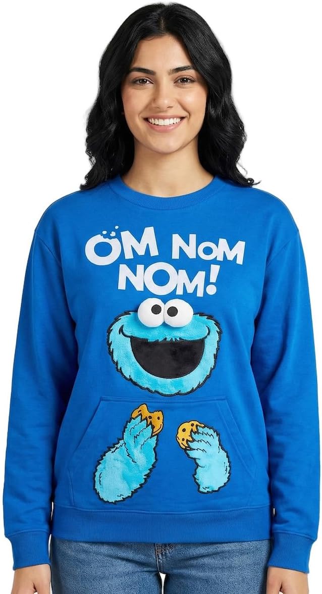 Sesame Street Cookie Monster Om Nom Nom Women's Blue Crew Neck Long Sleeve Sweatshirt