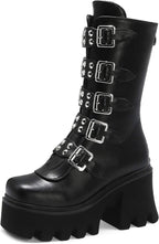 YIYA Black Platform Goth Boots for Women Studded Wide Mid Calf Combat Punk Boots Round Toe Buckle Chunky Heel Back Zipper Thick Sole Ankle Booties