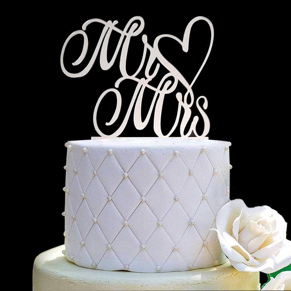 Mr and Mrs Cake Topper, Bride and Groom Sign Wedding, Engagement Cake Toppers Decorations (Mirror Silver Acrylic)