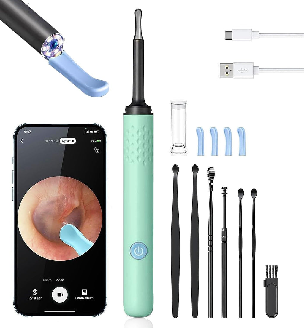 Ear Wax Removal, Ear Cleaner with Camera and Light, Ear Wax Removal Kit, Ear Wax Removal Tool Camera with 1080P, Ear Cleaning Kit with Spoons, Ear Camera for iOS & Android (Light Lake Green)