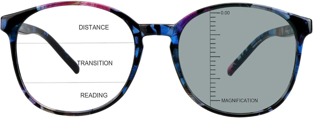 Vintage Round Progressive Multifocal Presbyopic Glasses, Photochromic Gray Sunglasses for Men Women Readers (Floral,+0.00/+1.00 Magnification)