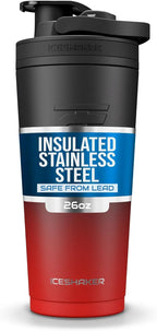 Ice Shaker Insulated Stainless Steel Shaker Bottle | 26oz, Red/black | Cold for 30+ Hours | Insulated Cup with Twist-on Agitator | Odor-Free Bottle for Protein Shakes, Water, Smoothies, Cocktails