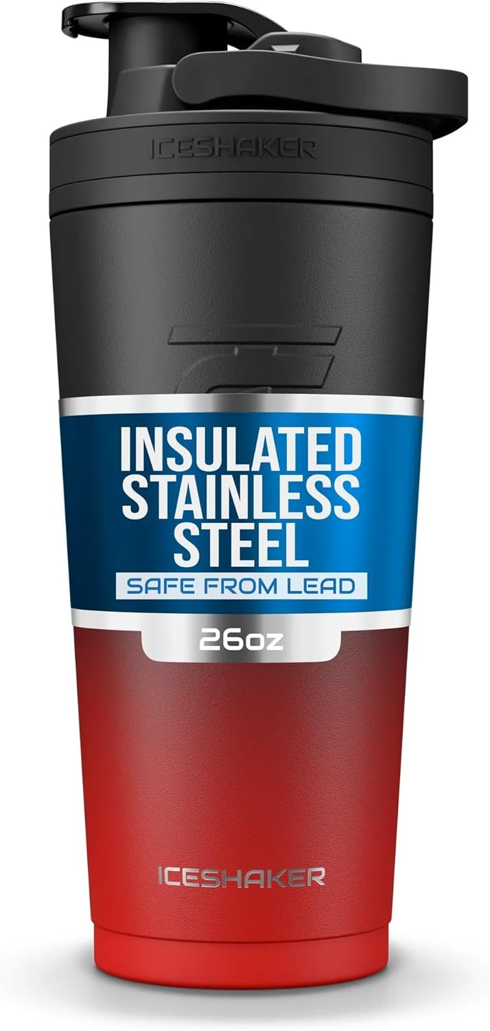 Ice Shaker Insulated Stainless Steel Shaker Bottle | 26oz, Red/black | Cold for 30+ Hours | Insulated Cup with Twist-on Agitator | Odor-Free Bottle for Protein Shakes, Water, Smoothies, Cocktails
